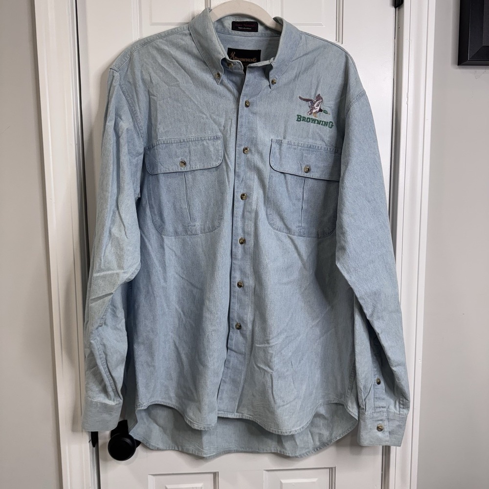 Browning Duck Embroidered Hunting Shirt Mens L Blue Button Up Cotton Long Sleeve
